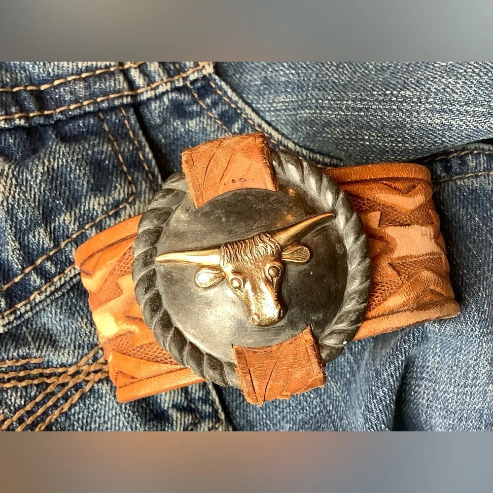 Tooled Leather Western Belt with Bull Concho , up to 8 1/2” wrist